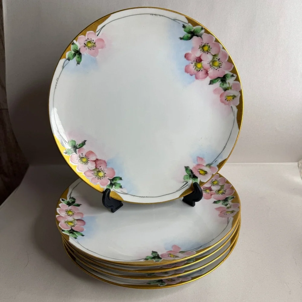 Vintage Hand Painted Japan Porcelain Salad Plates Set of 5 Pink Floral Gold Rim‎